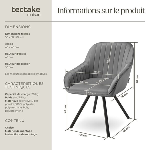 TECTAKE - Chaise pivotante à 360° avec accoudoirs en velours rembourrée gris - large