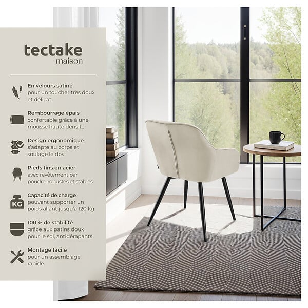 TECTAKE - Lot 4 chaises rembourrées en velours matelassé et dossier crème - large
