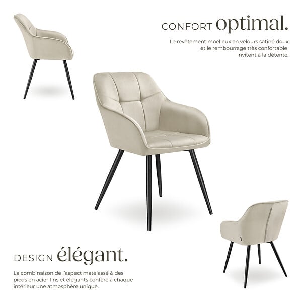 TECTAKE - Lot 4 chaises rembourrées en velours matelassé et dossier crème - large