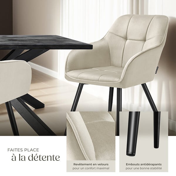 TECTAKE - Lot 4 chaises rembourrées en velours matelassé et dossier crème - large