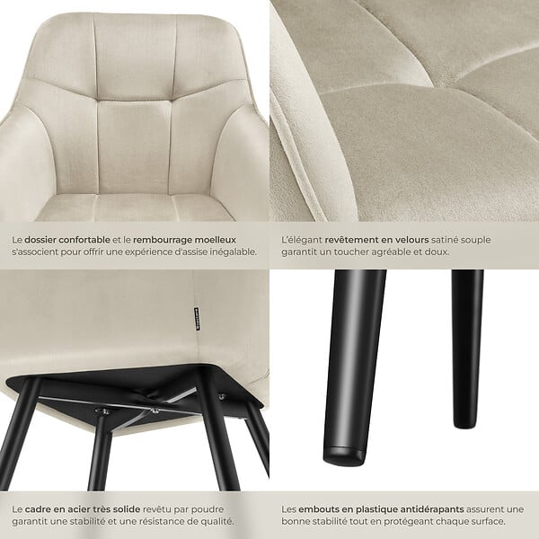 TECTAKE - Lot 4 chaises rembourrées en velours matelassé et dossier crème - large