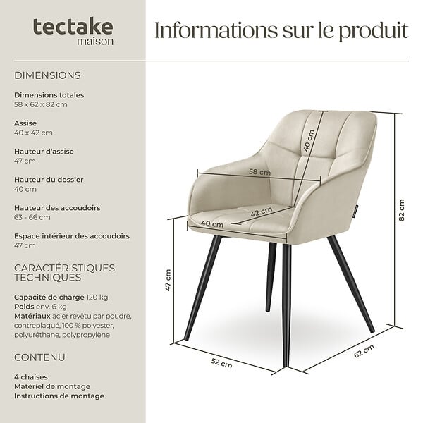 TECTAKE - Lot 4 chaises rembourrées en velours matelassé et dossier crème - large