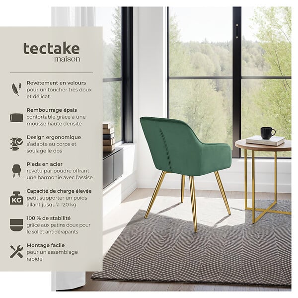 TECTAKE - Ensemble de 4 chaises rembourrées aspect velours vert foncé/or - large