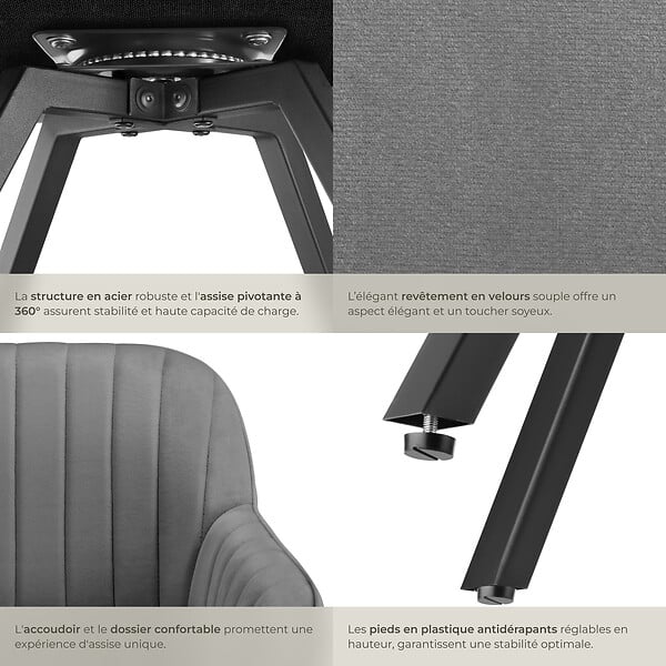 TECTAKE - Lot 2 chaises pivotantes à 360° avec accoudoirs velours grises - large