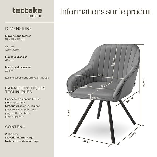 TECTAKE - Lot 2 chaises pivotantes à 360° avec accoudoirs velours grises - large