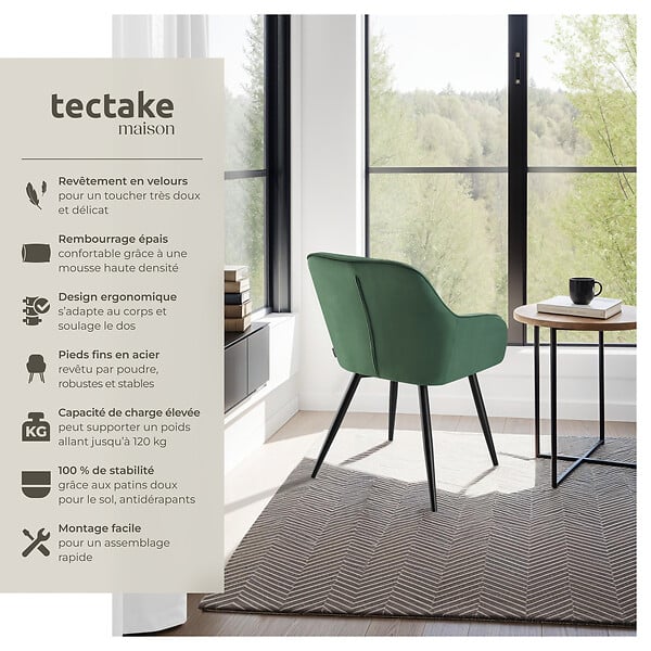 TECTAKE - Lot 2 chaises de salle à manger en velours matelassées vert foncé - large