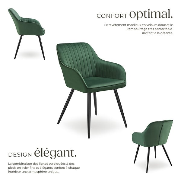 TECTAKE - Lot 2 chaises de salle à manger en velours matelassées vert foncé - large