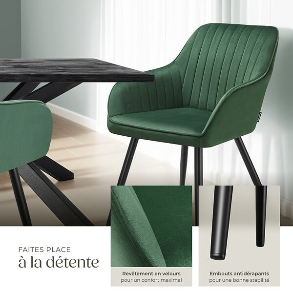 TECTAKE - Lot 2 chaises de salle à manger en velours matelassées vert foncé - large