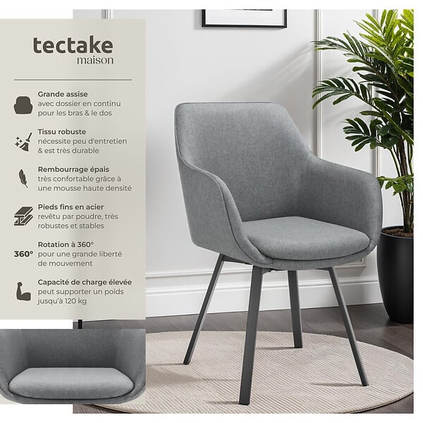 TECTAKE - Lot 4 Fauteuils pivotants rembourrés avec accoudoirs et dossier gris - large