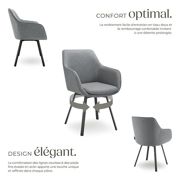 TECTAKE - Lot 4 Fauteuils pivotants rembourrés avec accoudoirs et dossier gris - large