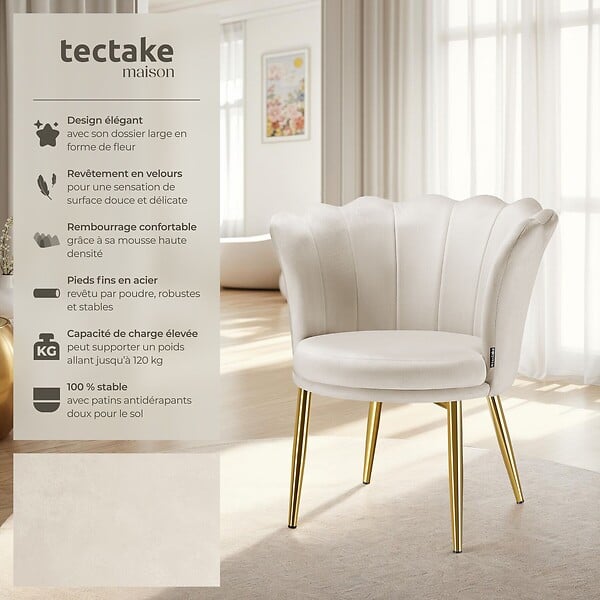 TECTAKE - Fauteuil rembourrage épais revêtement en velours crème/or - large