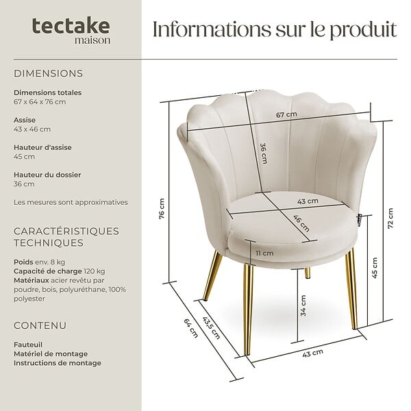 TECTAKE - Fauteuil rembourrage épais revêtement en velours crème/or - large