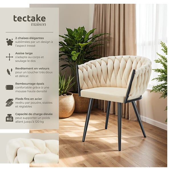 TECTAKE - Lot 2 chaises de salle à manger en velours design noué sables - large