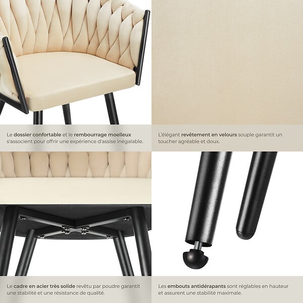 TECTAKE - Lot 2 chaises de salle à manger en velours design noué sables - large