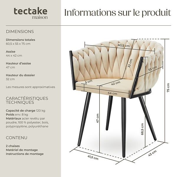 TECTAKE - Lot 2 chaises de salle à manger en velours design noué sables - large