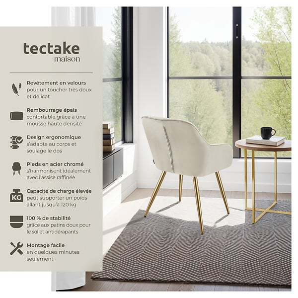TECTAKE - Lot 4 chaises de salle à manger aspect velours matelassé crème/or - large