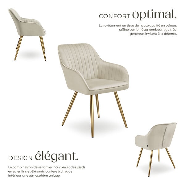 TECTAKE - Lot 4 chaises de salle à manger aspect velours matelassé crème/or - large