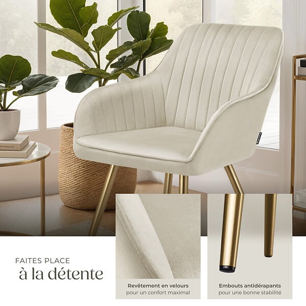 TECTAKE - Lot 4 chaises de salle à manger aspect velours matelassé crème/or - large