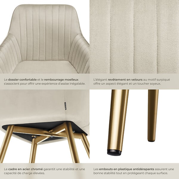 TECTAKE - Lot 4 chaises de salle à manger aspect velours matelassé crème/or - large
