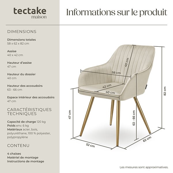 TECTAKE - Lot 4 chaises de salle à manger aspect velours matelassé crème/or - large