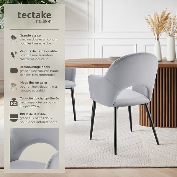 TECTAKE - Lot 2 Fauteuils aspect velours rembourré max 120 kg gris clair - large