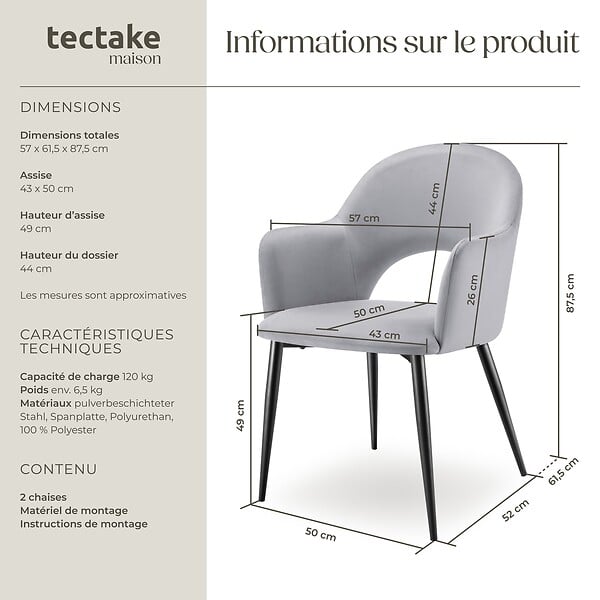 TECTAKE - Lot 2 Fauteuils aspect velours rembourré max 120 kg gris clair - large