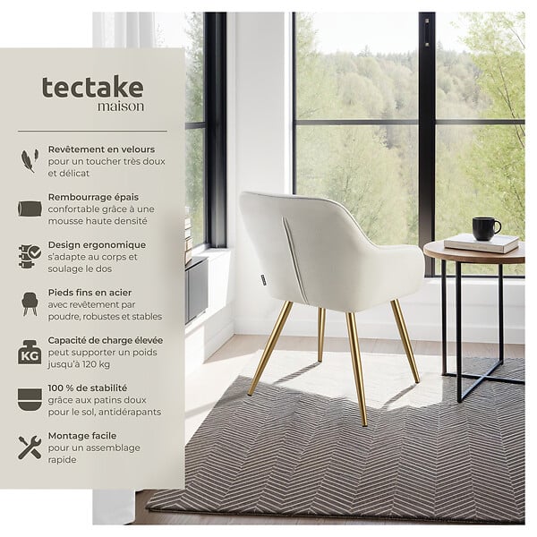 TECTAKE - Lot 2 chaises élégantes aspect corde avec forme ergonomique crème/doré - large