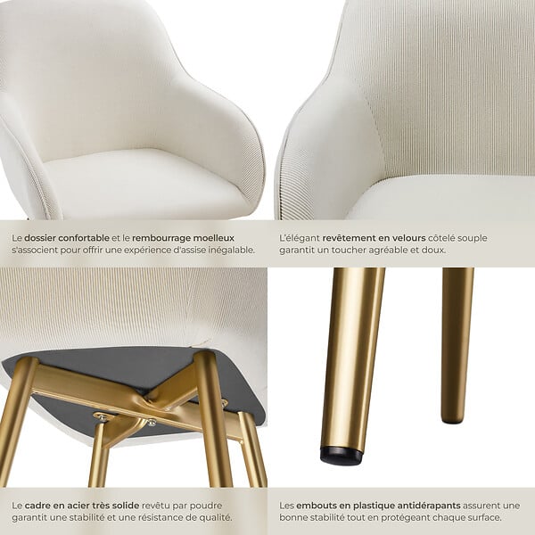 TECTAKE - Lot 2 chaises élégantes aspect corde avec forme ergonomique crème/doré - large