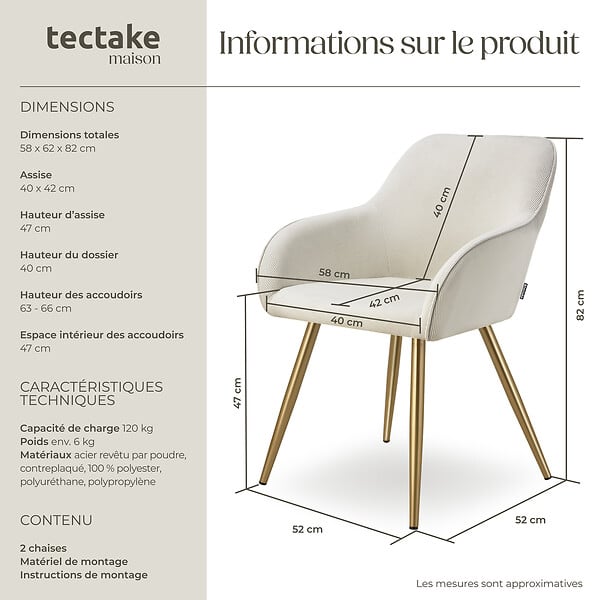 TECTAKE - Lot 2 chaises élégantes aspect corde avec forme ergonomique crème/doré - large