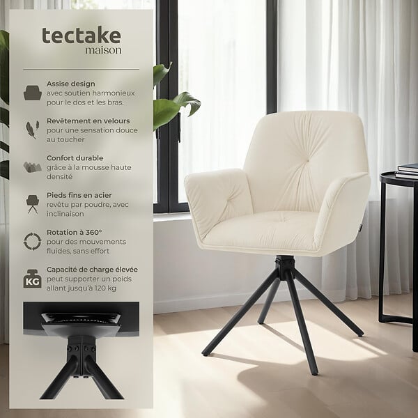 TECTAKE - Lot de 4 chaises pivotantes 360° en velours rembourrées crème/noir - large