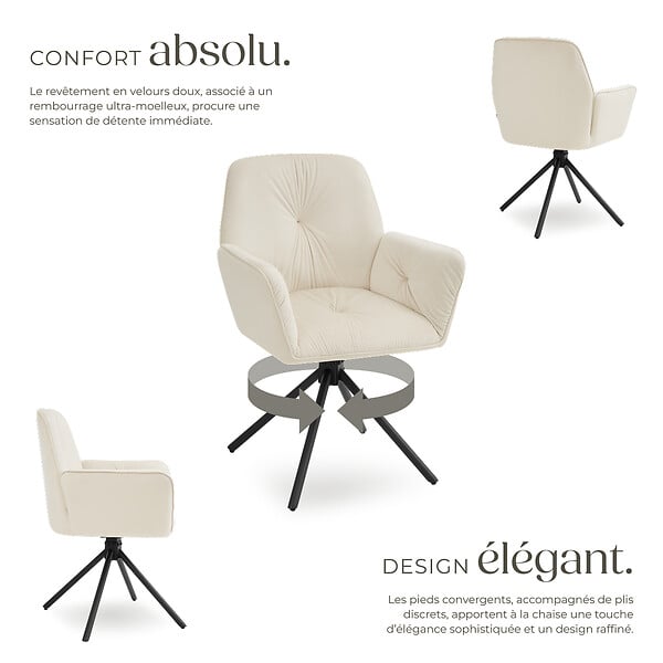 TECTAKE - Lot de 4 chaises pivotantes 360° en velours rembourrées crème/noir - large