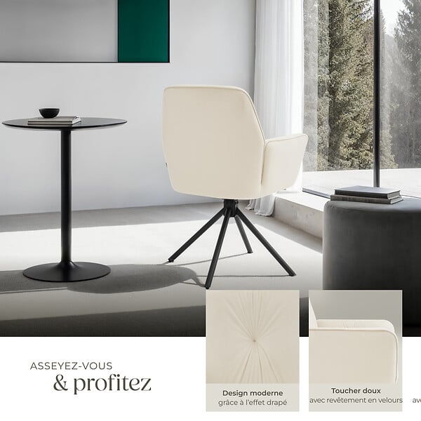 TECTAKE - Lot de 4 chaises pivotantes 360° en velours rembourrées crème/noir - large