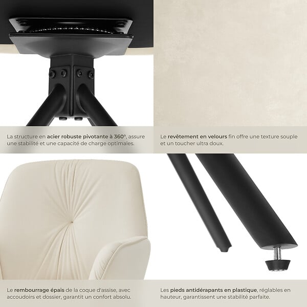 TECTAKE - Lot de 4 chaises pivotantes 360° en velours rembourrées crème/noir - large