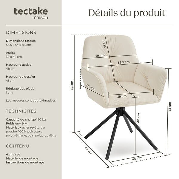 TECTAKE - Lot de 4 chaises pivotantes 360° en velours rembourrées crème/noir - large