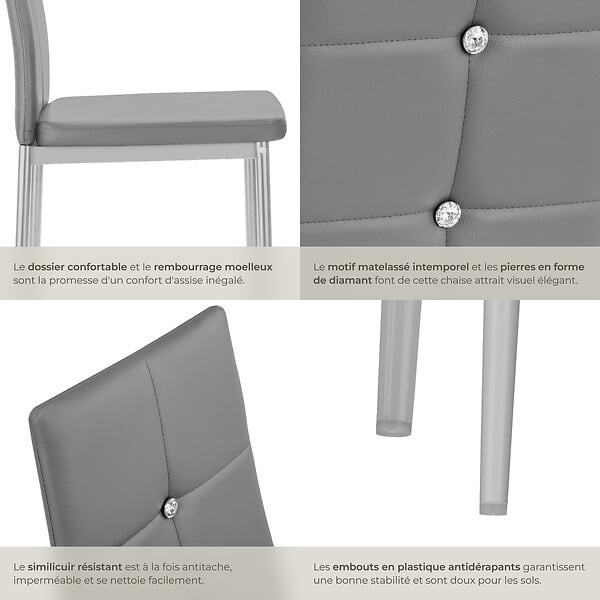 TECTAKE - Ensemble de 6 chaises de salle à manger aspect cuir à paillettes gris - large