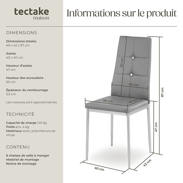 TECTAKE - Ensemble de 6 chaises de salle à manger aspect cuir à paillettes gris - large