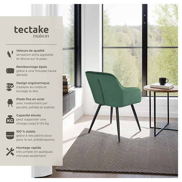 TECTAKE - Chaise Rembourrée aspect velours Dossier ergonomique vert foncé/noir - large