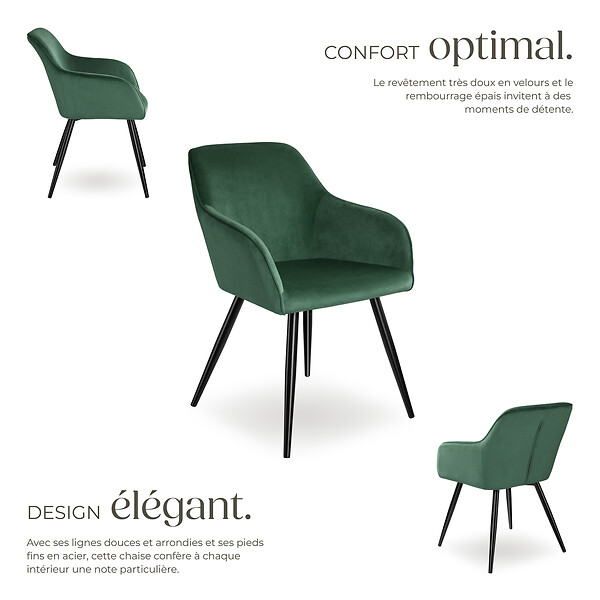 TECTAKE - Chaise Rembourrée aspect velours Dossier ergonomique vert foncé/noir - large