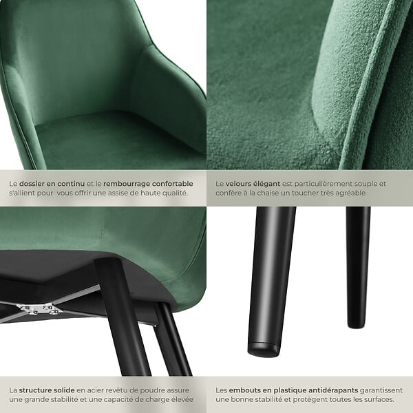 TECTAKE - Chaise Rembourrée aspect velours Dossier ergonomique vert foncé/noir - large