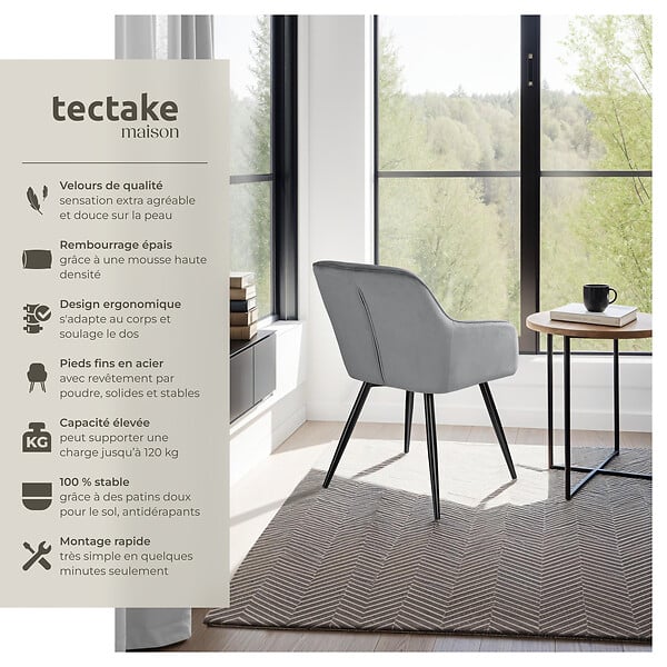 TECTAKE - Ensemble de 6 chaises rembourées effet velours ergonomiques gris/noir - large
