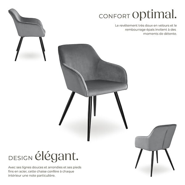 TECTAKE - Ensemble de 6 chaises rembourées effet velours ergonomiques gris/noir - large