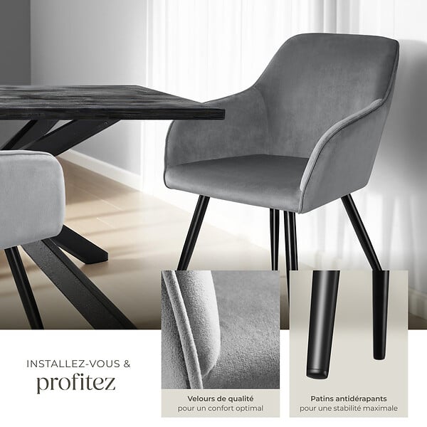TECTAKE - Ensemble de 6 chaises rembourées effet velours ergonomiques gris/noir - large
