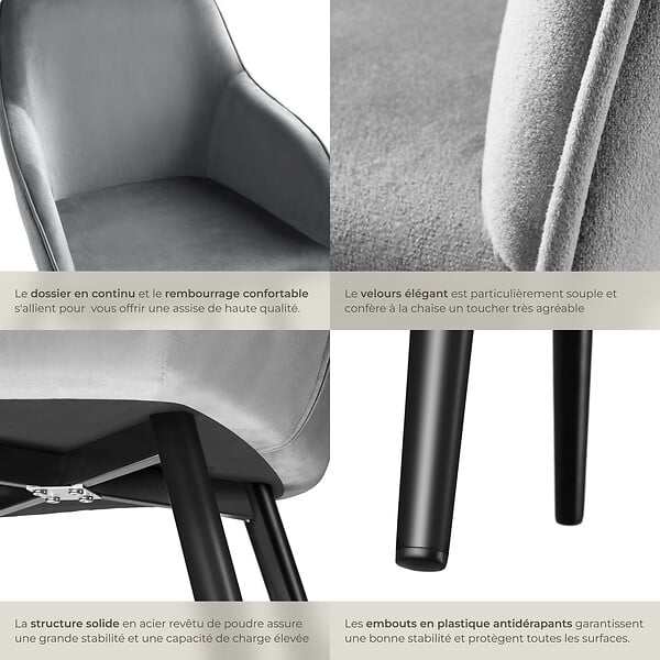 TECTAKE - Ensemble de 6 chaises rembourées effet velours ergonomiques gris/noir - large
