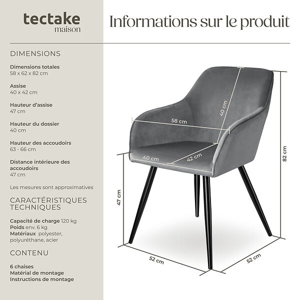 TECTAKE - Ensemble de 6 chaises rembourées effet velours ergonomiques gris/noir - large