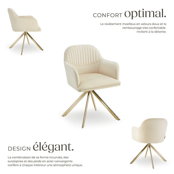 TECTAKE - Lot de 2 chaises pivotantes à 360° en velours rembourrées crème/or - large