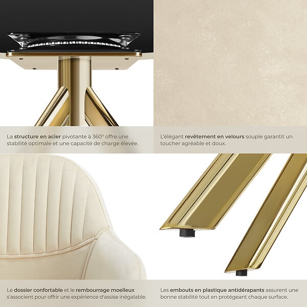 TECTAKE - Lot de 2 chaises pivotantes à 360° en velours rembourrées crème/or - large