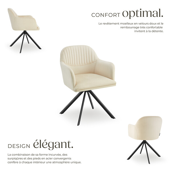 TECTAKE - Chaise pivotante à 360° en velours avec rembourrage crème/noir - large