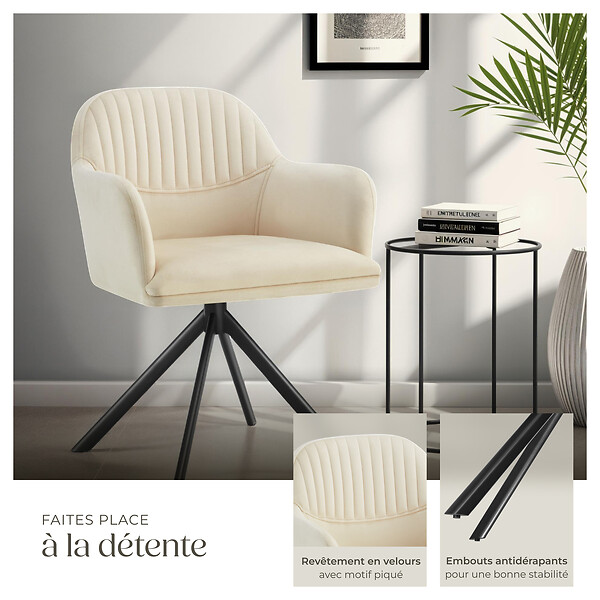TECTAKE - Chaise pivotante à 360° en velours avec rembourrage crème/noir - large