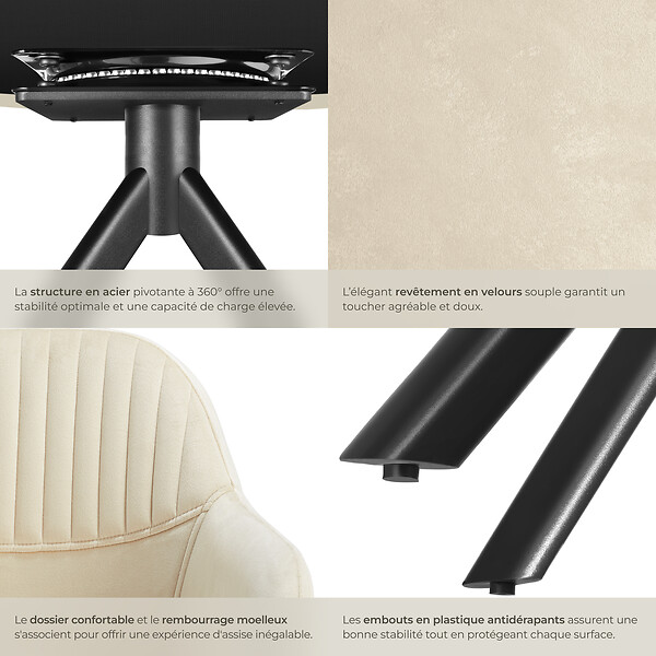TECTAKE - Chaise pivotante à 360° en velours avec rembourrage crème/noir - large