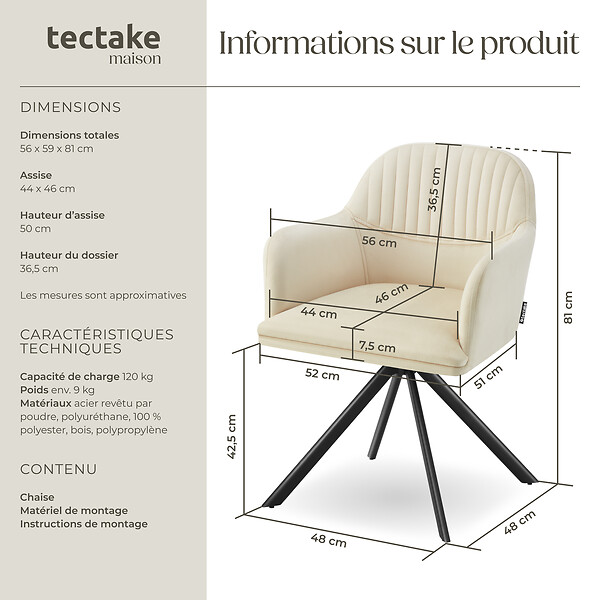 TECTAKE - Chaise pivotante à 360° en velours avec rembourrage crème/noir - large